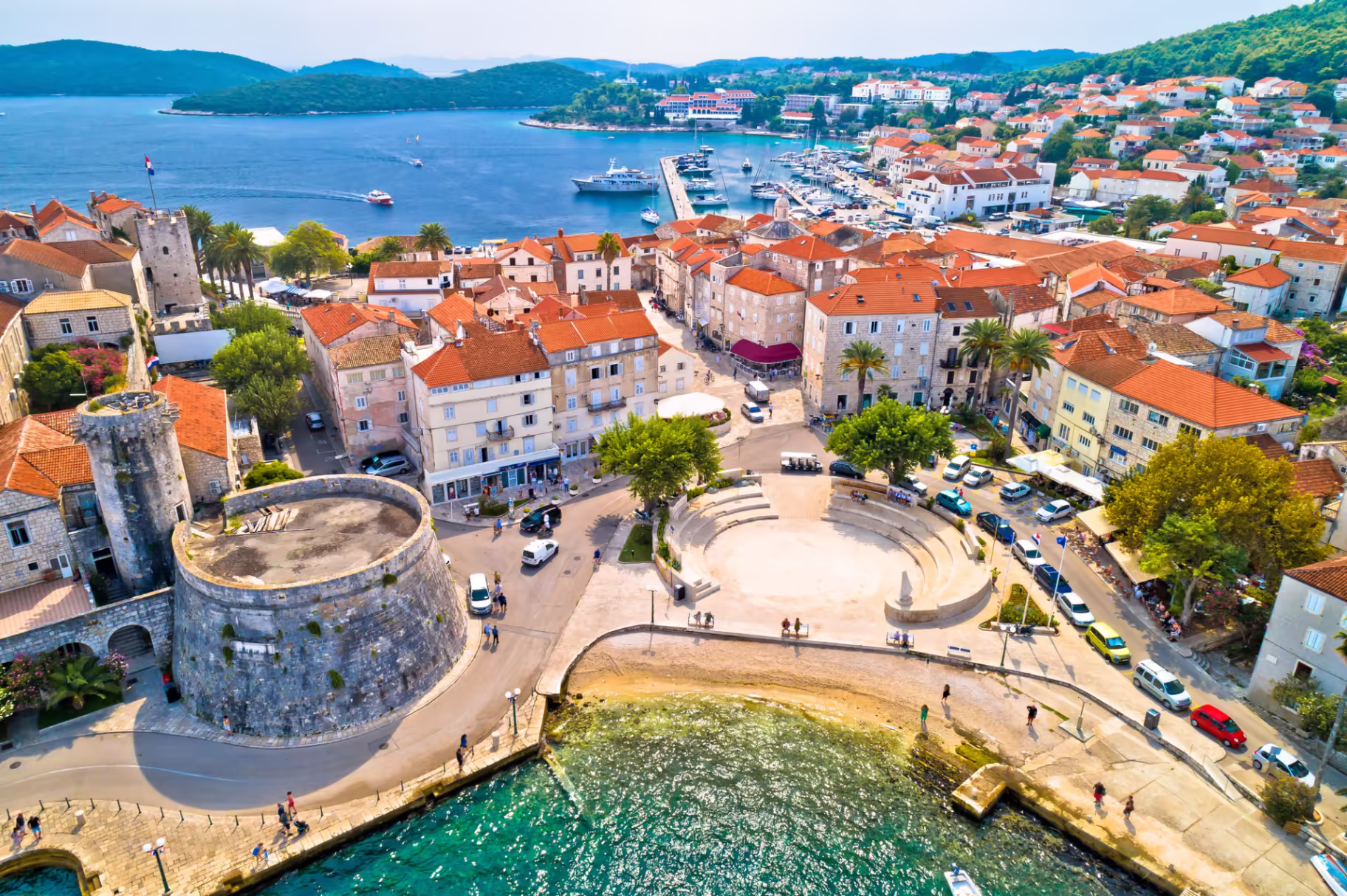 Aerial view of Korčula old town and harbour